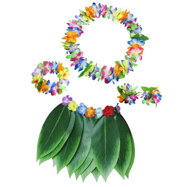 

5pcs in 1 set colorful hawaiian party thicken garland leis costume set lifelike artificial leaf skirt bracelet neck loop headban