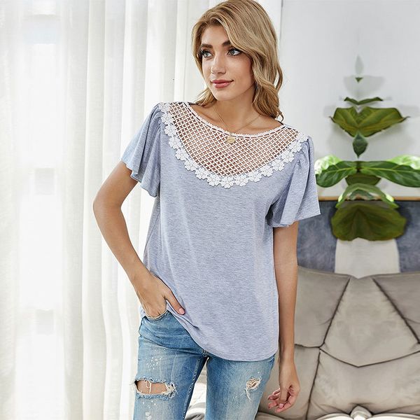 

2021 spring new lace patchwork women casual hollow out o neck short sleeve pullover for woman solid color t shirt 4p7b, White