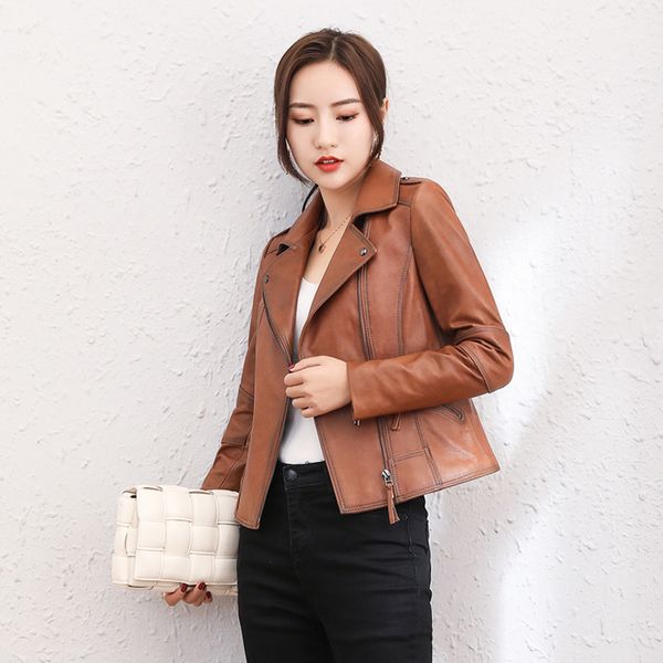 

haining leather women's 2021 new locomotive et sheep leather short coat european spring and autumn, Black;brown
