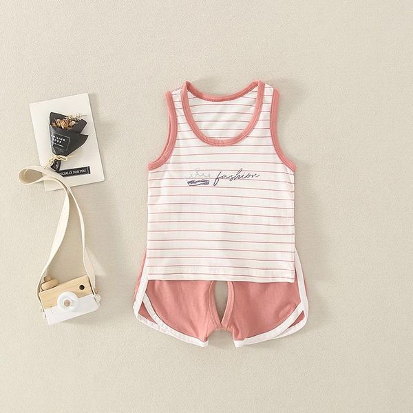 

clothing sets 2021 2pcs suit for boys vest + shorts clothes children striped cotton and girls crotch pants borns, White