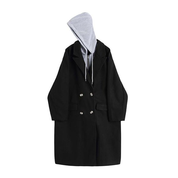 

women's wool & blends jacket oversize outwear black hooded woolen long sleeve loose fit fashion tide autumn winter 2021 404-a