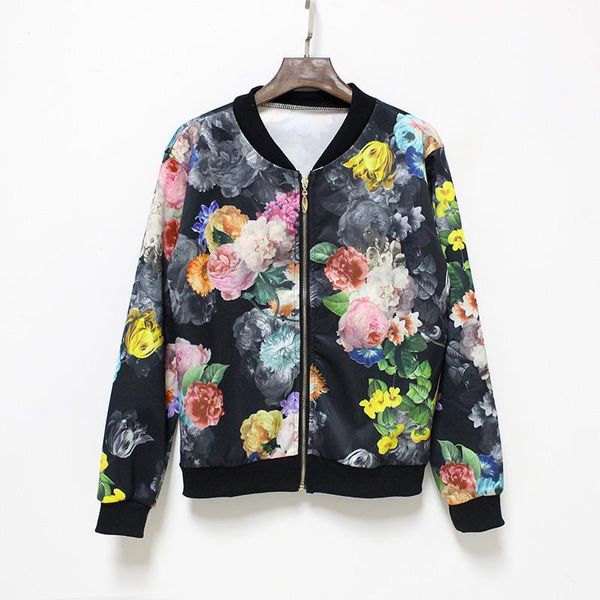

2021 autumn winter new print flowers bomber jacket women casual jacket coat zipper up long sleeve wear, Black