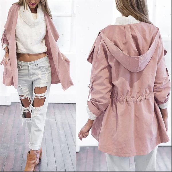 

fashion casual womens long sleeve pocket drawstring hooded trench coatjacket windbreaker cortaviento mujer 19714 drop shipping, Tan;black