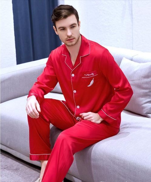 

men's sleepwear embroidered ice silk satin suit homewear long-sleeved students style plus size youth leisure nightwear j032, Black;brown