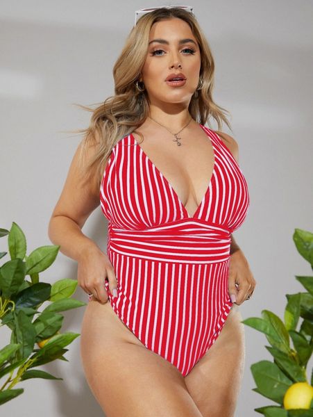 

plus mono stripe one piece swimsuit n2ec#, Black