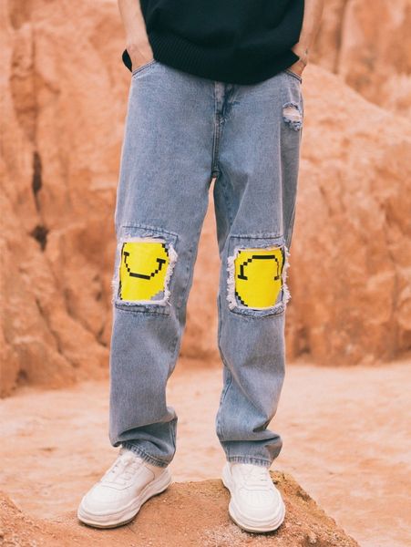 

men cartoon graphic ripped straight leg jeans 869l#, Blue