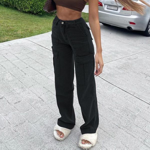 

women's jeans brown vintage baggy women 90s streetwear pockets wide leg cargo pants y2k low waist straight denim trousers 2021, Blue