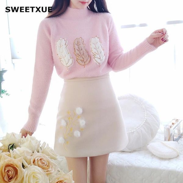 

two piece dress sweetxue autumn fashion sweater skirt suit solid color high collar printed knit waist mini 2-piece set female, White