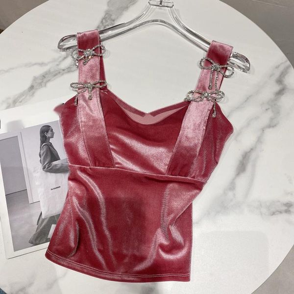 

2021 spring new arrival solid color strass arch velvet shoulder strap pillow in chest fashion female vest d3sy, White