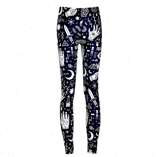 

women hand sun moon star printing punk leggings geometric symbol skull high stretch ankle skinny leggings ladies leggings female, Black
