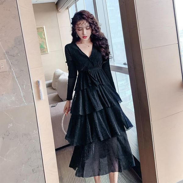 

casual dresses arrival fashion spring autumn korean party a-line dress women elegant temperament vintage v-neck simple black midi, Black;gray