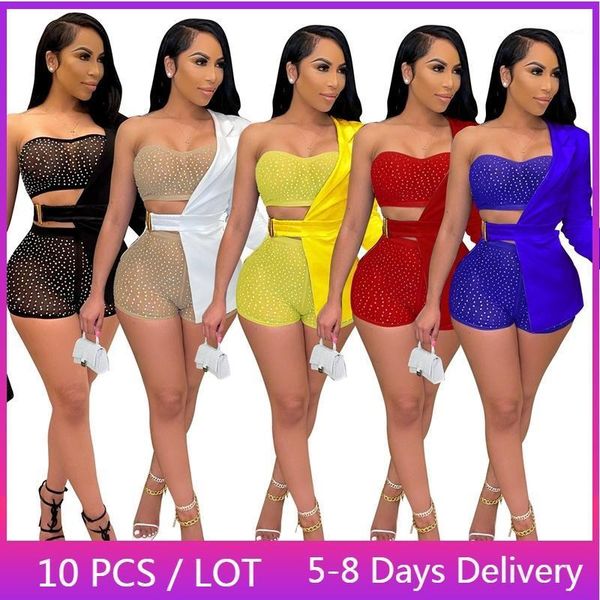 

women's tracksuits wholesale items two piece set women birthday rhinestone mesh crop + blazer and shorts party club outfits for, Gray