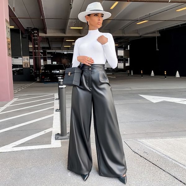 

women wide leg faux leather pants 2021 high waist streetwear loose casual high street female solid trousers fashion, Black;white