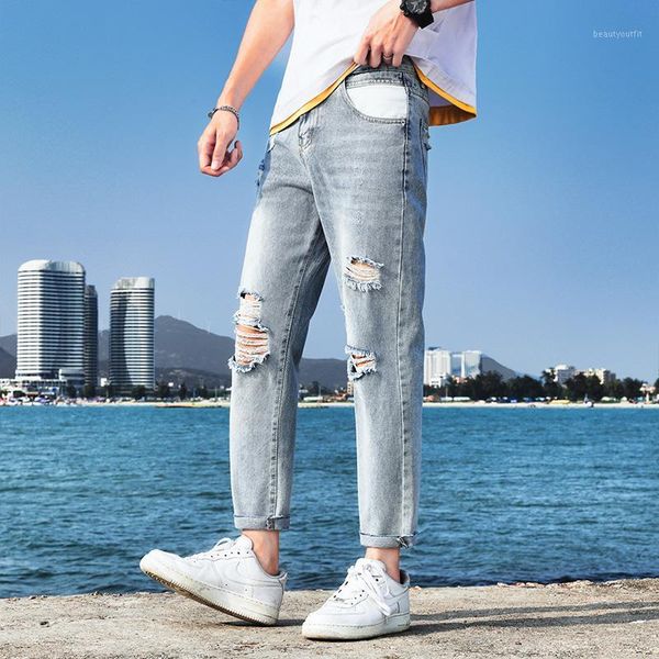 

men's jeans pant men denim ripped straight casual jean trousers holiday street summer clothing fashion man slim pants light blue