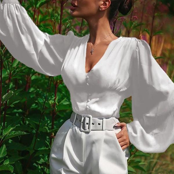 

elegant v neck womens puff sleeve blouse 2021 zanzea elegant button down blusas female high wasit regular solid tunic plus size, White
