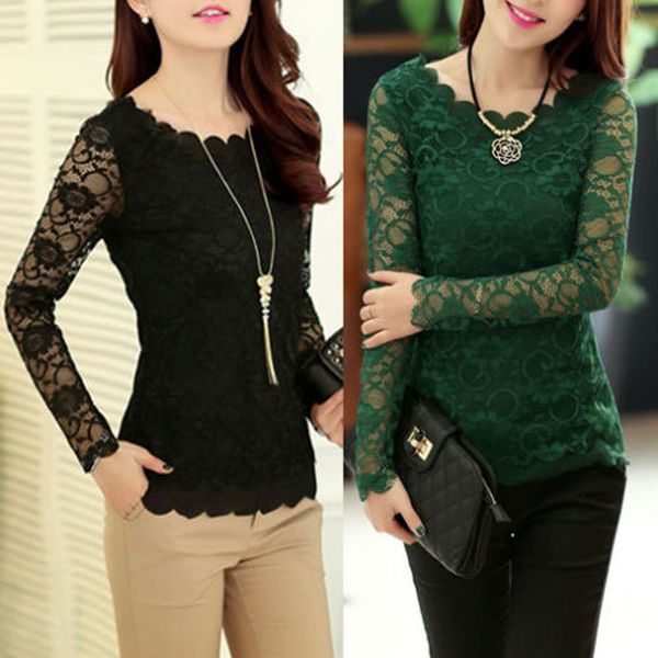 

fashion elegant women ladies newly 4 style long sleeve o-neck pullover lace floral slim size s/m//xl, Black;blue