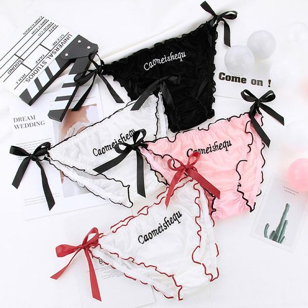 

women's panties japan ruffle cartoon cute girls bow letter patterned kawaii underwear women crotch cotton briefs lingerie, Black;pink