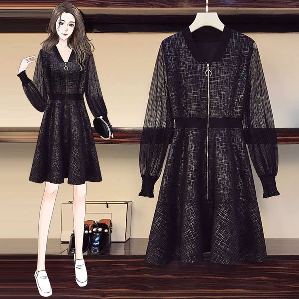 

large size women's 2021 spring new fat mm french hepburn foreign style age reducing slim belly covering dress, Black;gray