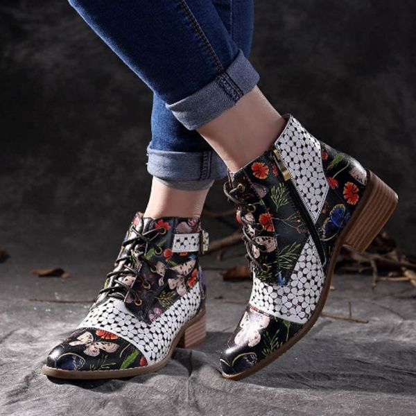 

boots women fashion ink painting flower pattern cow leather splicing lace-up stitching ankle female shoes plus size, Black
