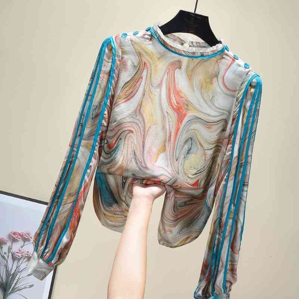 

women's knits & tees shirt women 2021 spring stand collar lantern sleeve print chiffon blouse vintage lazy pjzh, White