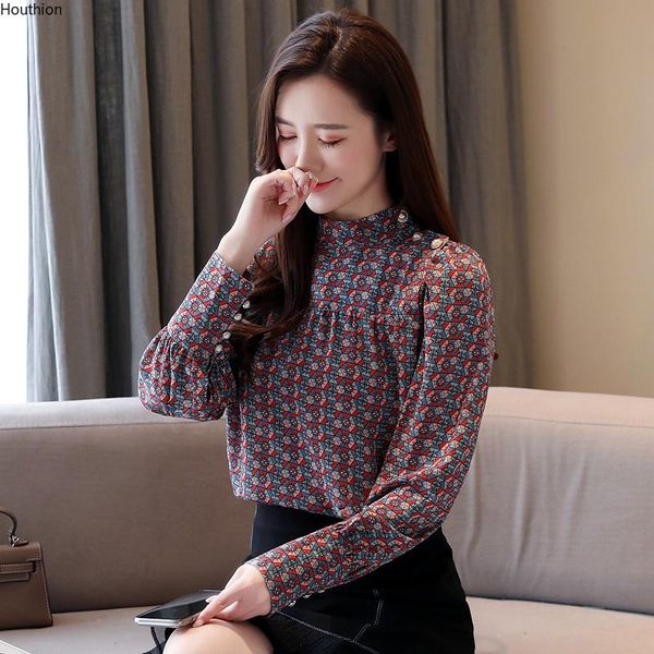 

women's blouses & shirts long sleeve blouse korean summer shirt printing stand-up collar chiffon comfortable casual fashion top, White