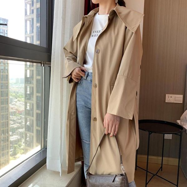 

women's trench coats janpanese style big turn down collar single breasted belted coat for women plus size loose casual autumn cargo ove, Tan;black