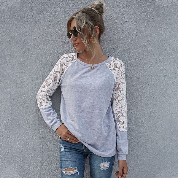 

2021 new pullover casual autumn winter lace patchwork o neck full sleeve sweatshirt for women t3ia, Black