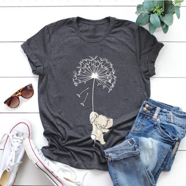 

casulal women dandelion elephant print tshirt summer new tees o neck short sleeve solid vogue t shirts graphic tees women, White