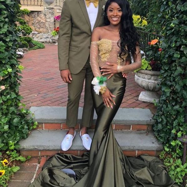 

2021luxury prom dresses off shoulder golden appliques long sleeve satin party dresses illusion custom made mermaid evening gowns, Black