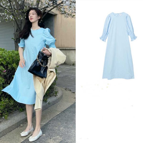 Minimalistisches hellblaues O-Ausschnitt-Puff-Kurzschluss-Hülsen-loses Kleid Frauen-beiläufiges Vestido de Mujer Sommer-schicke koreanische Art und Weise süßes Kleid 210527