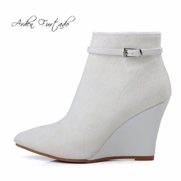 

boots arden furtado 2021 winter wedges high heels genuine leather horsehair fashion ankle white shoes for woman pointed toe, Black