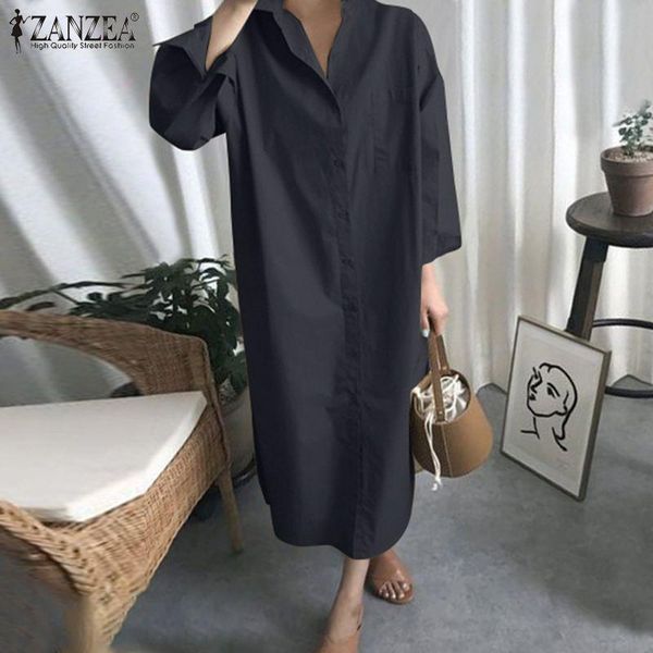 

casual dresses plus size elegant button shirt dress women's spring solid sundress zanzea long sleeve maxi vestidos female lapel robe 5x, Black;gray