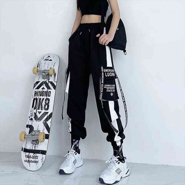

women cargo pants high waist loose sport trousers streetwear clothing plus size casual pant elastic waist bottom, Black;white