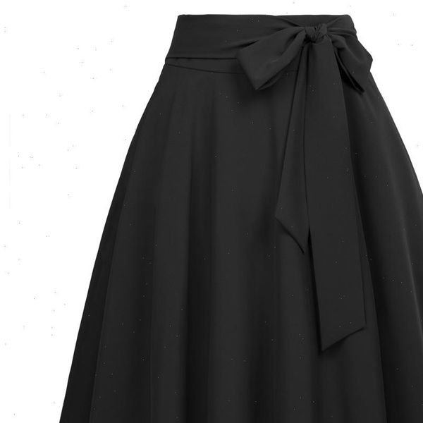 

skater skirts womens vintage classy solid color high waist self tie bow knot embellished knee big swing a line harajuku skirt, Black