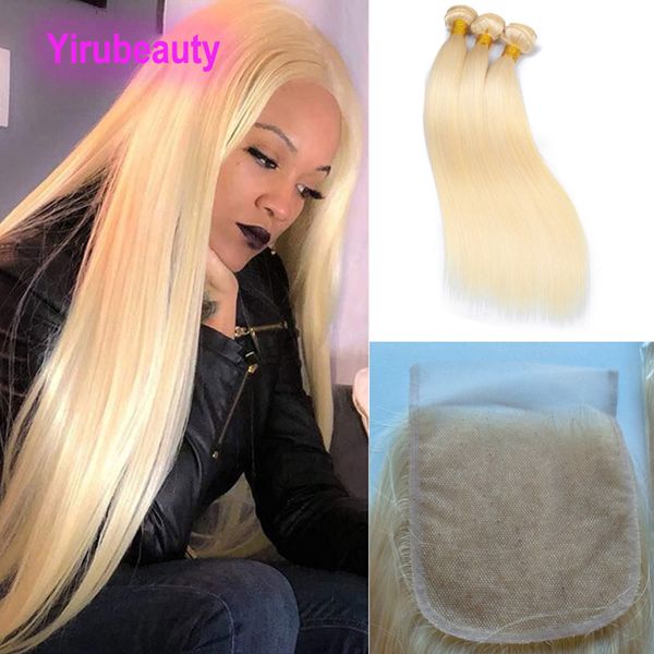 

malaysian 100% human hair blonde color 3 bundles with 5*5 lace closure baby hairs 613# straight 4 pcs/lot yirubeauty, Black;brown