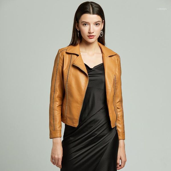 

v-neck fashion 2021 leather jacket women rivet faux coat short slim motorcycle jackets spring autumn plus size coat1, Black