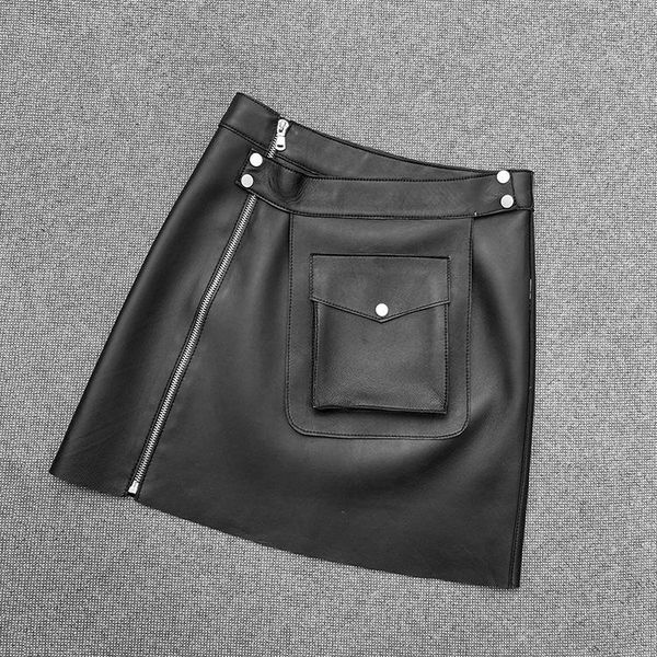 

skirts 2021 style women real leather skirt ,simple fashion with big pocket, Black