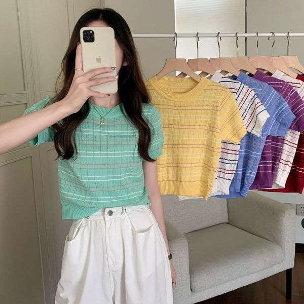 

women's t-shirt summer 2021 korean loose short striped versatile thin sleeve knitted for women, White