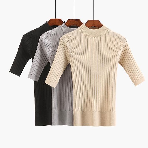 

women's sweaters spring autumn women sweater knitted half sleeves pullovers slim female jumper high elasticity femme pull, White;black