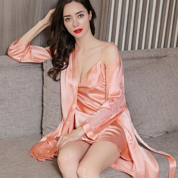 

women's sleepwear woman silk pajamas female summer dress with suspenders dressing gown two-piece lace home, Black;red
