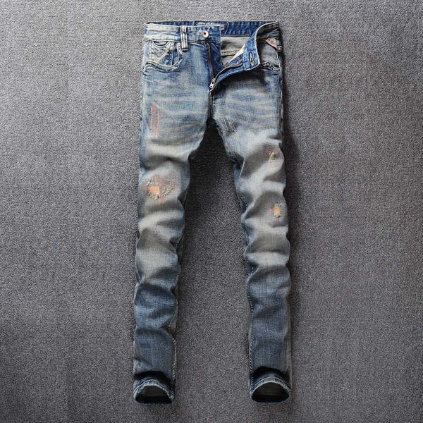 

men's jeans italian style fashion retro blue slim fit ripped men patchwork designer denim pants hip hop prun 1sa3