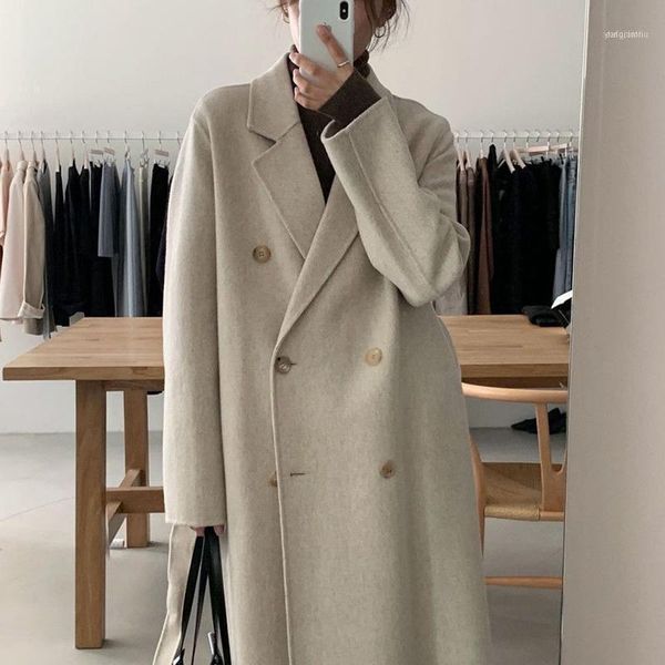 

women's trench coats superaen autumn winter solid notched double breasted casual loose long women coats1, Tan;black