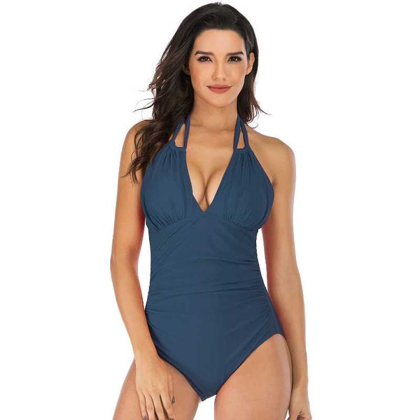 

2021 summer swimsuit ladies slim backless high elastic solid color halter one-piece casual swimwear