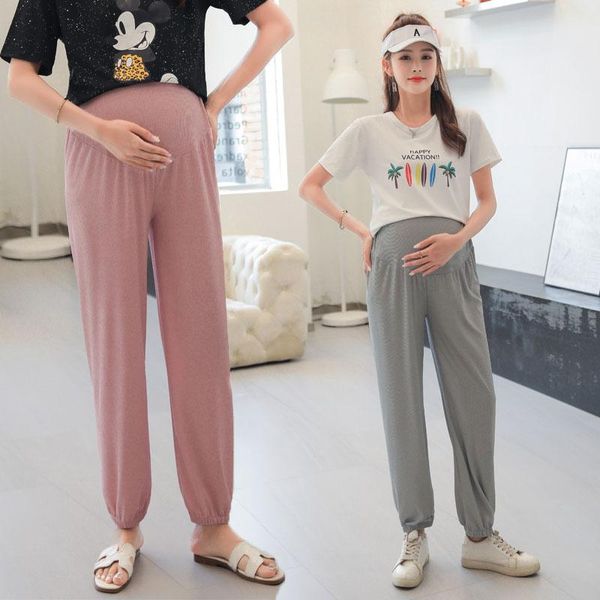 

maternity bottoms 65470# pants summer casual loose comfy belly support ninth elastic waist trousers, White