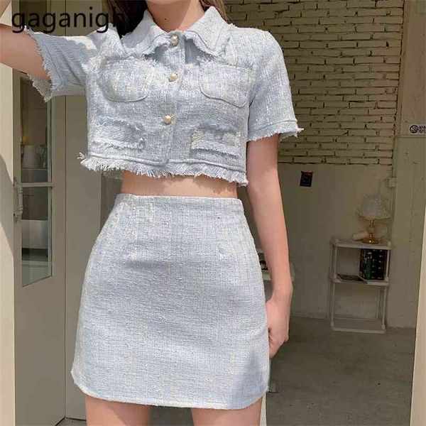 

casual plaid tweed two-piece women sets single breasted cropped jacket high waist skirt suit elegant office ladies set 210601, White