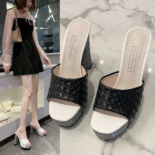 

sandals women shoes 2021 summer slippers high-heeled fashion waterproof platform female thick heel peep toe non-slip slides, Black