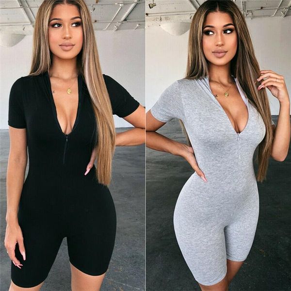 

women ladies v neck skinny bodysuit fashion zipper up slim fit jumpsuit bodycon leisure short sleeve stretch solid leotard, Black;white