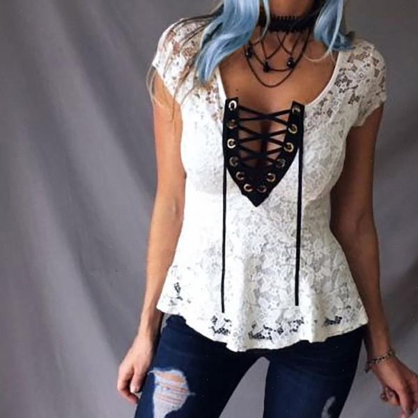 

women t shirt lace deep v bandage translucent hollow out lady tee shirt summer short sleeve camiseta mujer q30, White