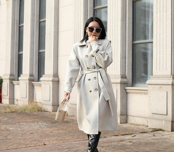 

women's wool & blends double faced cashmere coat autumn and winter fashion medium length temperament dress foreign style, Black