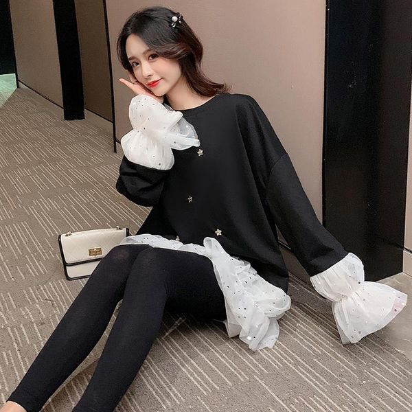 

maternity & tees winter cotton shirts long loose mesh patchwork flare sleeve stars embroidery blouse pregnant women ruffles, White